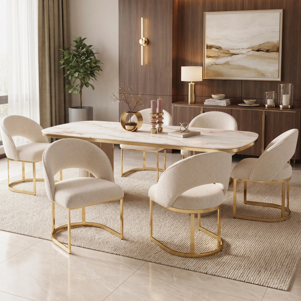 Set 4 sedie da pranzo in bouclé beige con gambe dorate