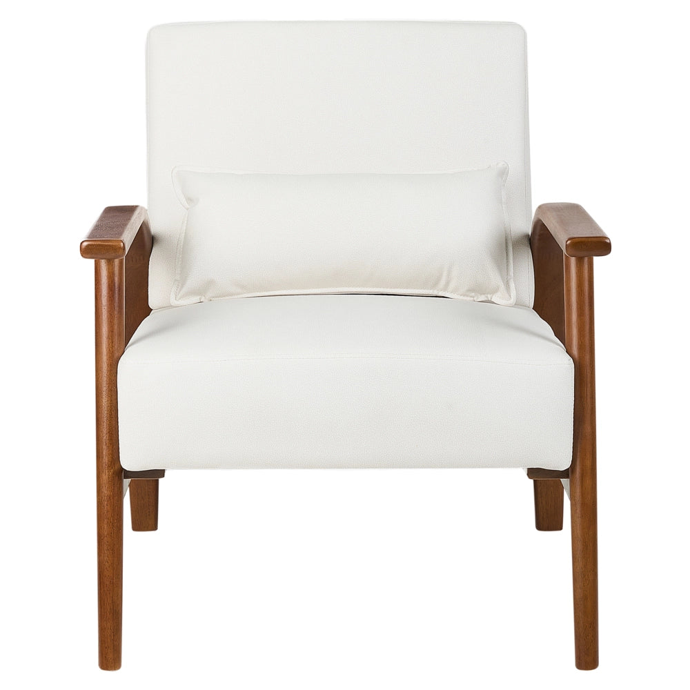 Poltrona bianco sporco in ecopelle con gambe in legno, braccioli e cuscino Retro Classico Soggiorno Tradizionale