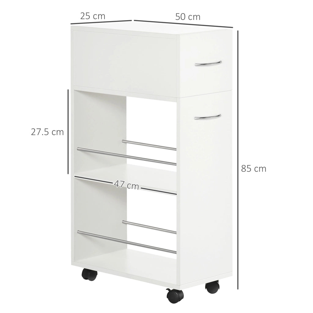 Carrello da Cucina ¨C Xylo ¨C Truciolato e Acciaio Inox, 2 Ripiani, Cassetto, 25x50x85 cm
