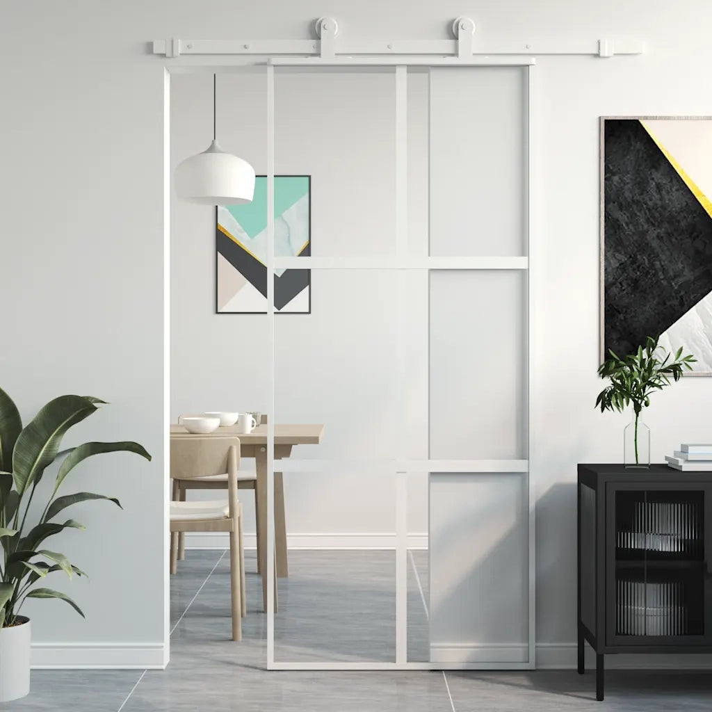 Porta Scorrevole Bianca 90x205 cm Vetro Temperato e Alluminio 155217