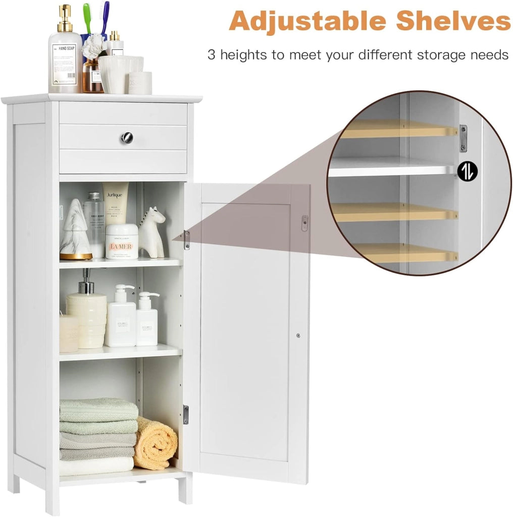 Armadietto Bagno da Terra, Mobiletto a 3 Ripiani con Anta, Cassetto, Manico, Spazio Interno Flessibile, Compatto e Salvaspazio, 35,5x30,5x88 cm, Bianco/Marrone/Grigio/Nero