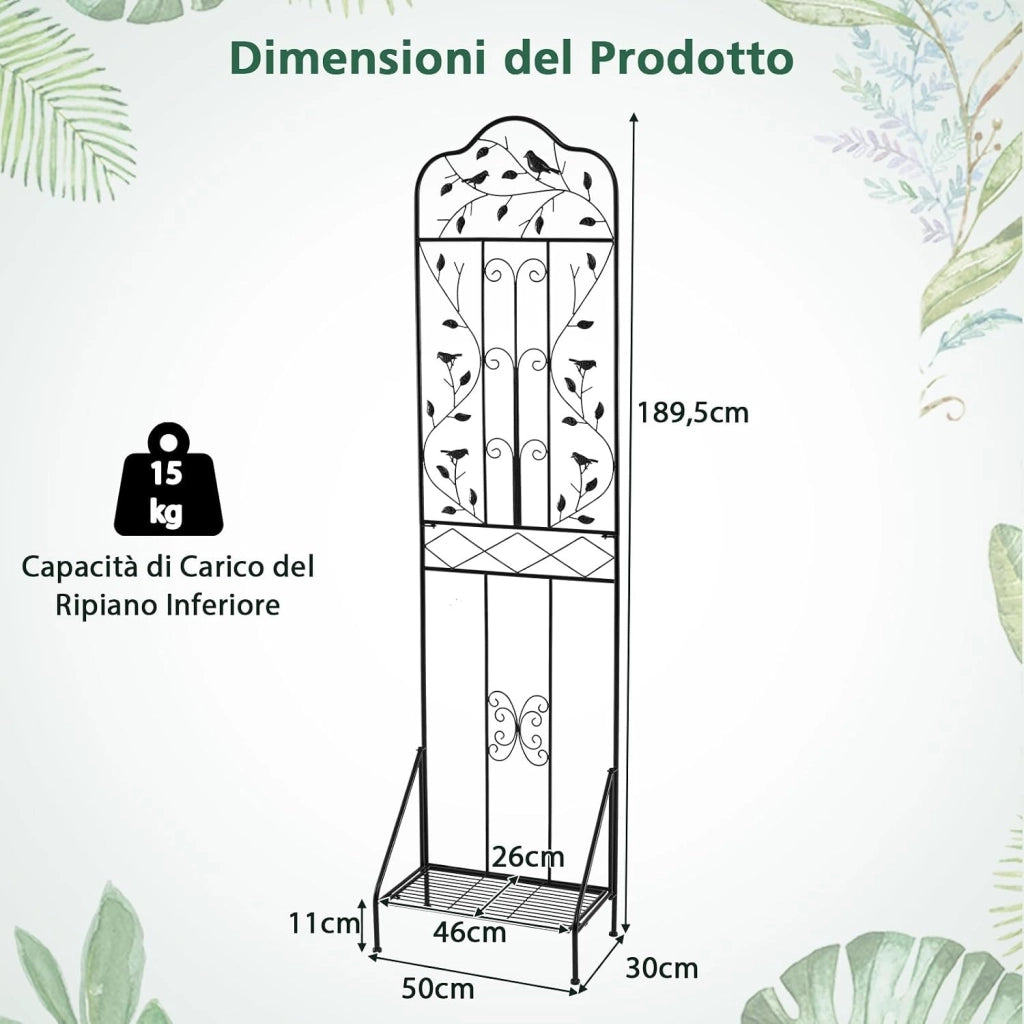 Traliccio per Rampicanti Metallo con Ripiano Pieghevole, Graticcio per Piante da Esterno, Griglia per Piante Rampicanti per Giardino, Cortile e Patio, 50 x 30 x 189,5 cm (Nero,2)