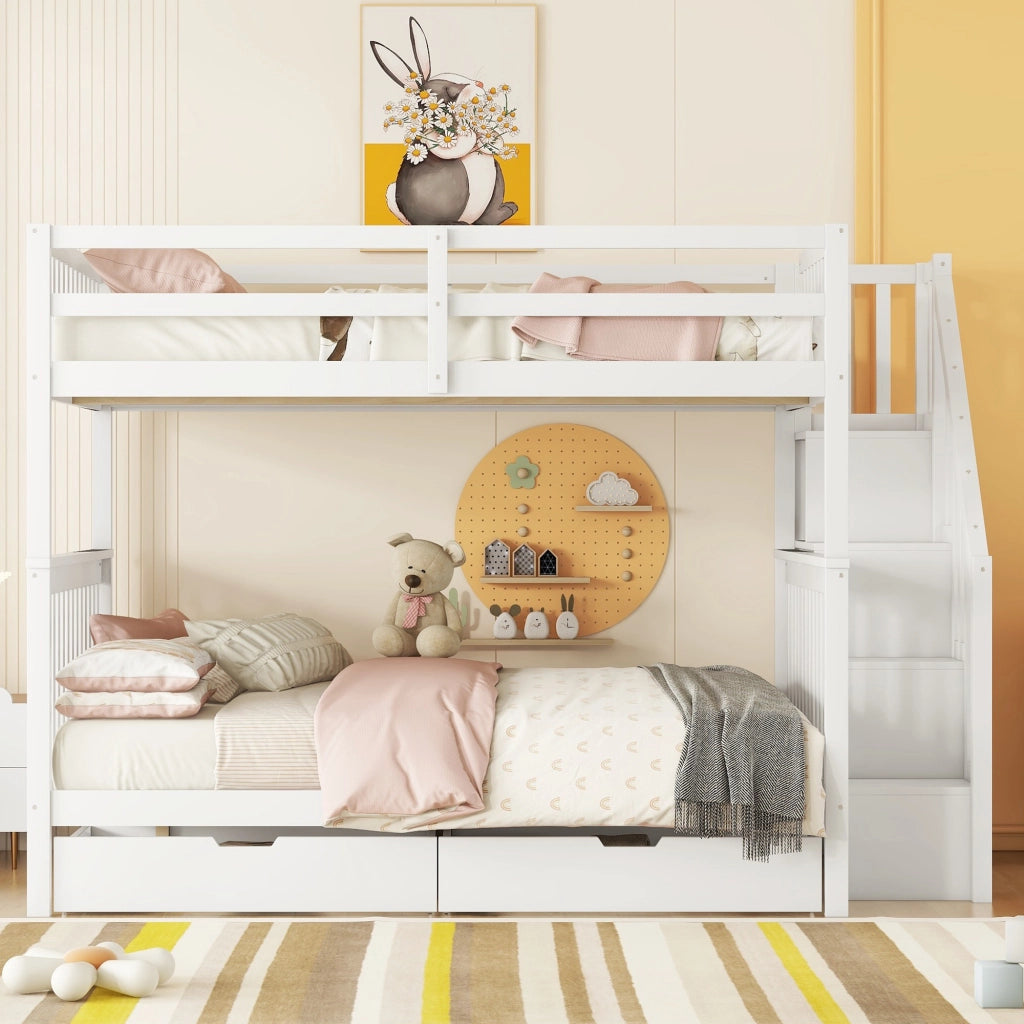 OKWISH Letto a Castello 140×200 cm, Letto Matrimoniale con Scala con Ripiani, 2 Cassetti e Sponde Alte, senza Materasso, Bianco