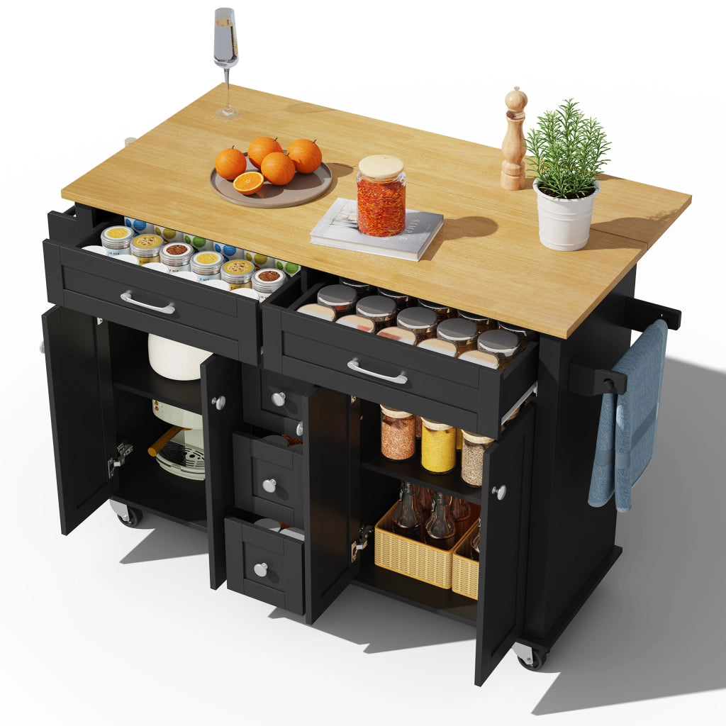 Isola da Cucina Mobile 140x40/65x89 cm Nera e Legno con Piano Ribaltabile, 5 Cassetti e 5 Ruote