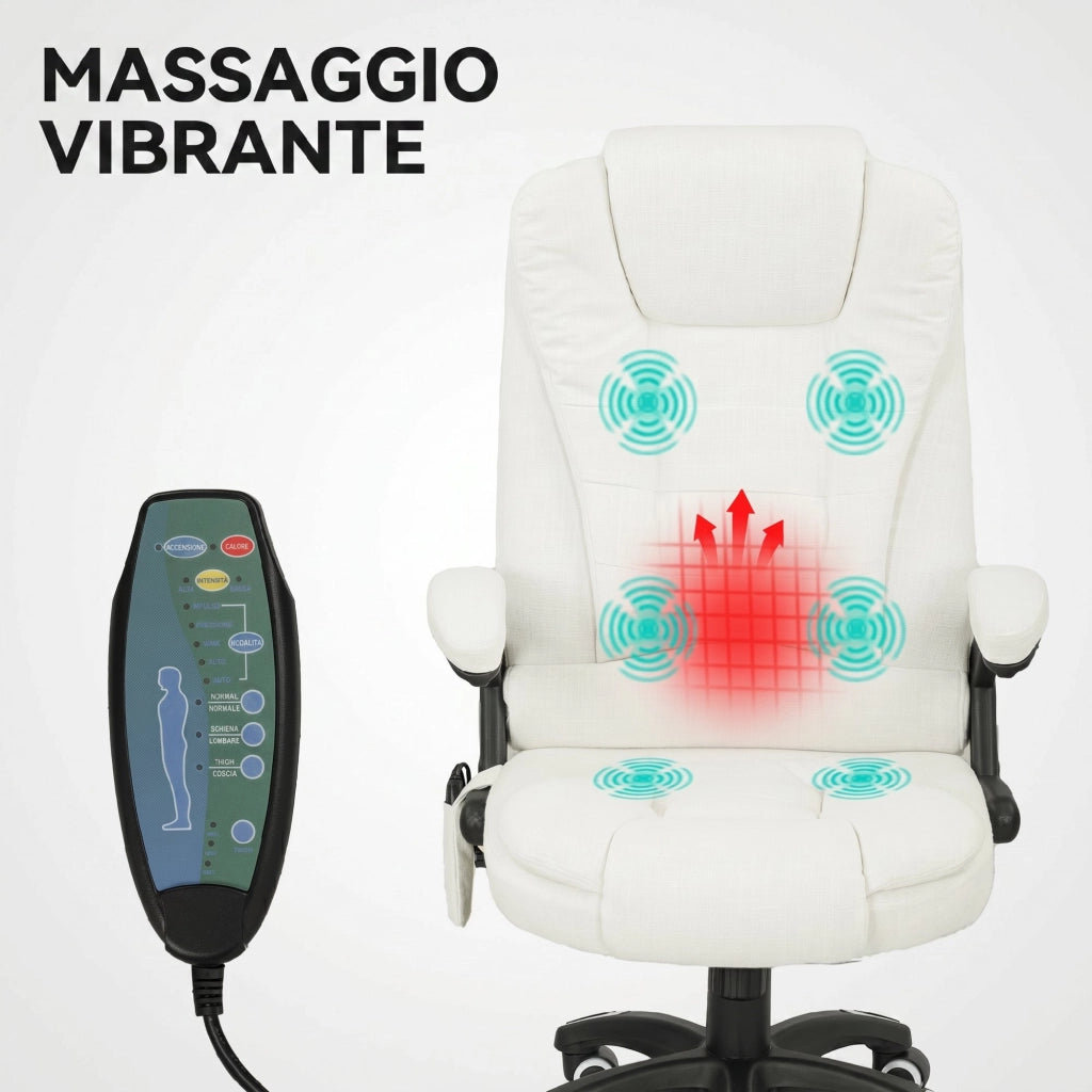 Sedia da Ufficio 68x72x110-120 cm Reclinabile Massaggiante Telecomando in Tessuto Effetto Lino Crema