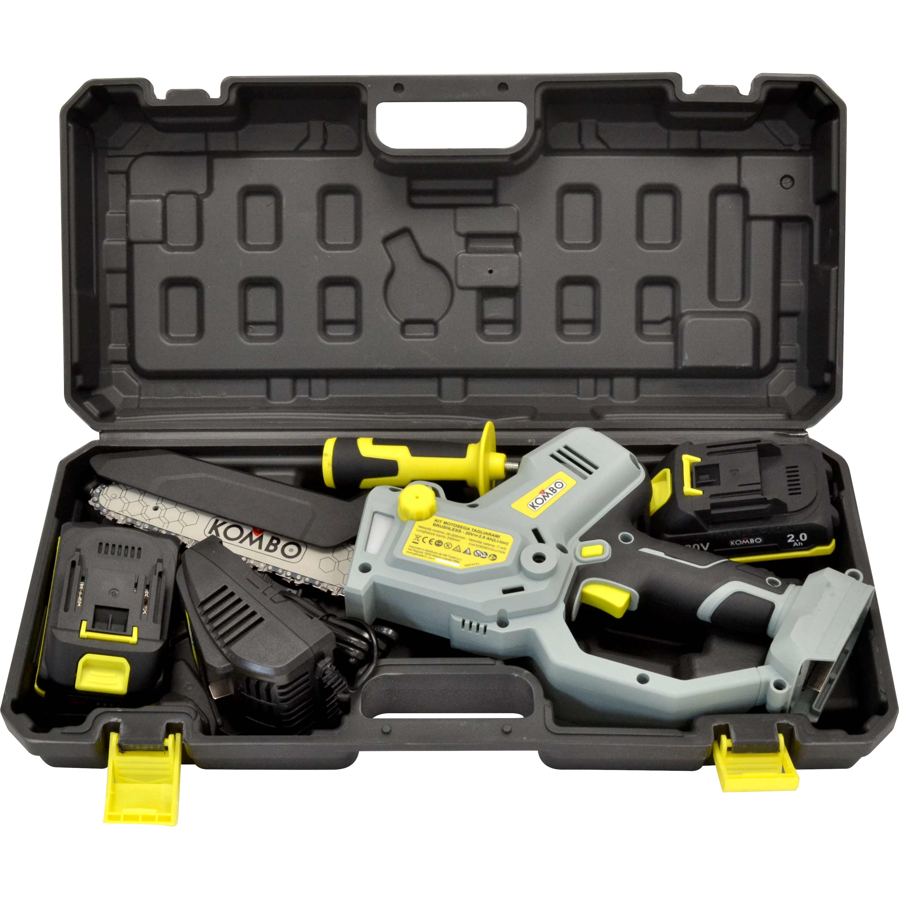KIT MOTOSEGA BRUSHLESS 20V TAGLIARAMI  CON 2 BATTERIE