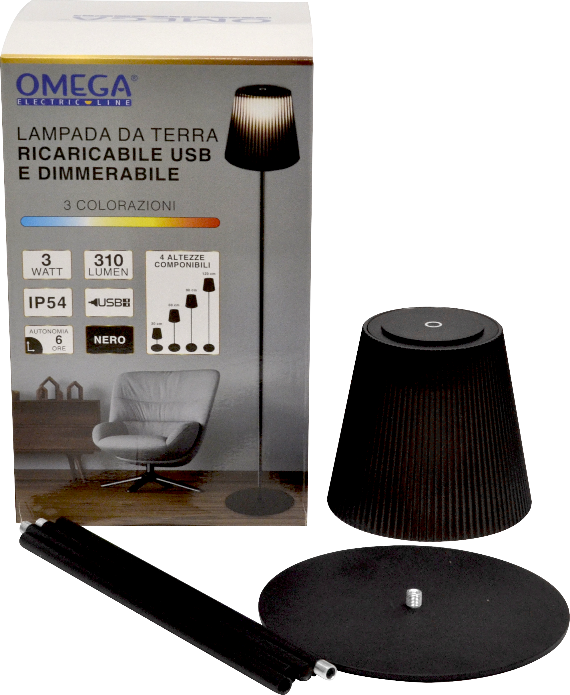 LAMPADA DA TERRA 3W 310LM RICARICABILE CON CAVO USB NERA