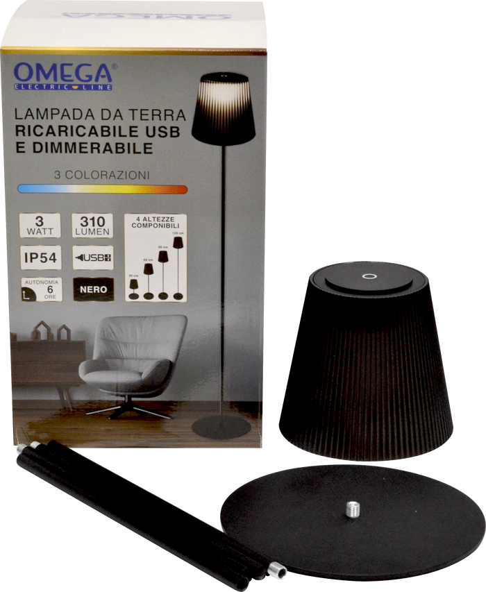 LAMPADA DA TERRA 3W 310LM RICARICABILE CON CAVO USB NERA