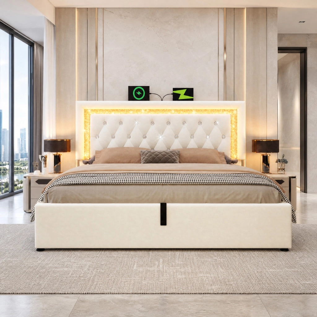 LETTO 180x200 cm in Velluto Beige con LED, USB e USB-C, contenitore idraulico