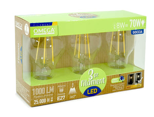 SET 3 PEZZI LAMPADINE FILAMENT GOCCIA A60 LUCE NATURALE: 8W – 4000K – E27 – A+