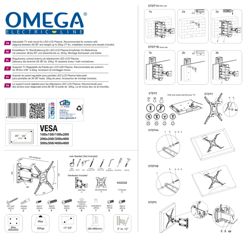 STAFFA TV DA PARETE FULL MOTION PER TV 26-55 Pollici