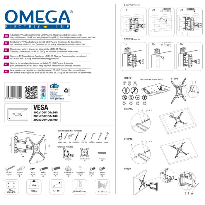 STAFFA TV DA PARETE FULL MOTION PER TV 26-55 Pollici