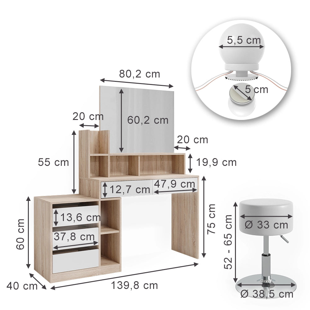 Vicco Tavolo da toilette Bianco/Sonoma 139.8 cm con illuminazione a LED e sgabello