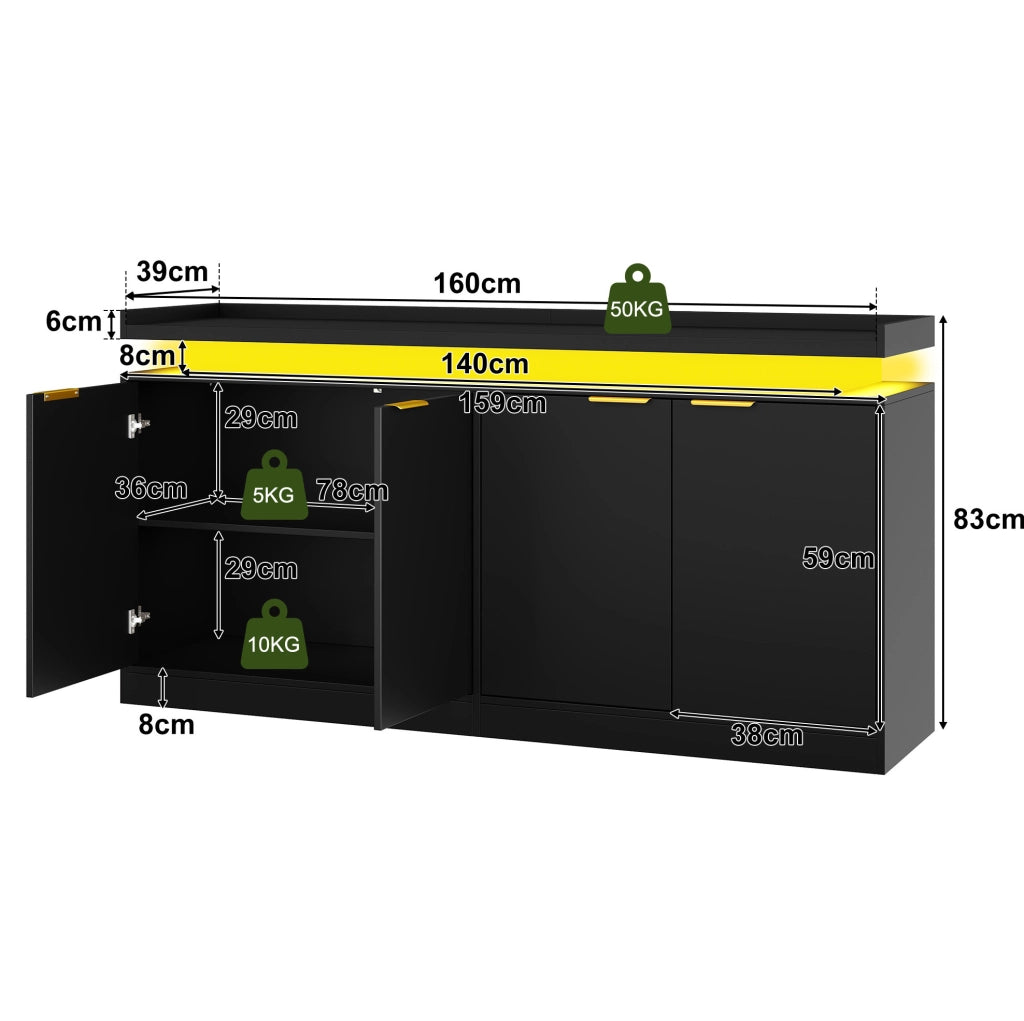 Credenza moderna con LED RGB 160 x 39 x 83 cm in MDF nero