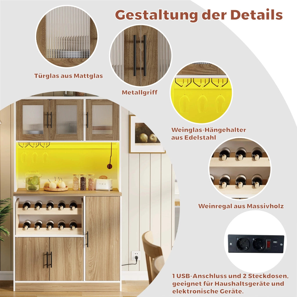 Dispensa alta con ripiani LED e presa elettrica in MDF bianco e naturale 100 × 40 × 180 cm