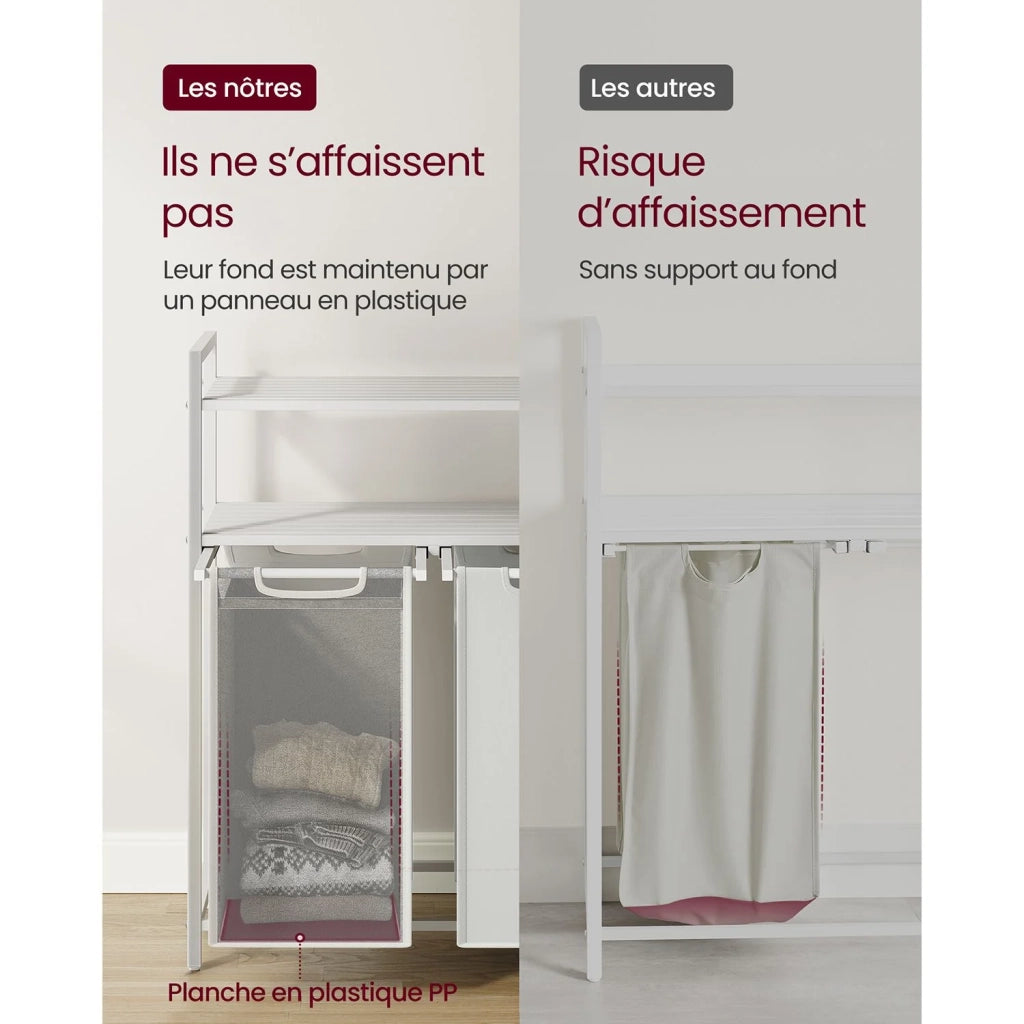 Cesto portabiancheria con 2 scomparti e 2 ripiani sacchetti estraibili capacità 46 litri per sacchetto per bagno/lavanderia marrone rustico e nero 12_0006754