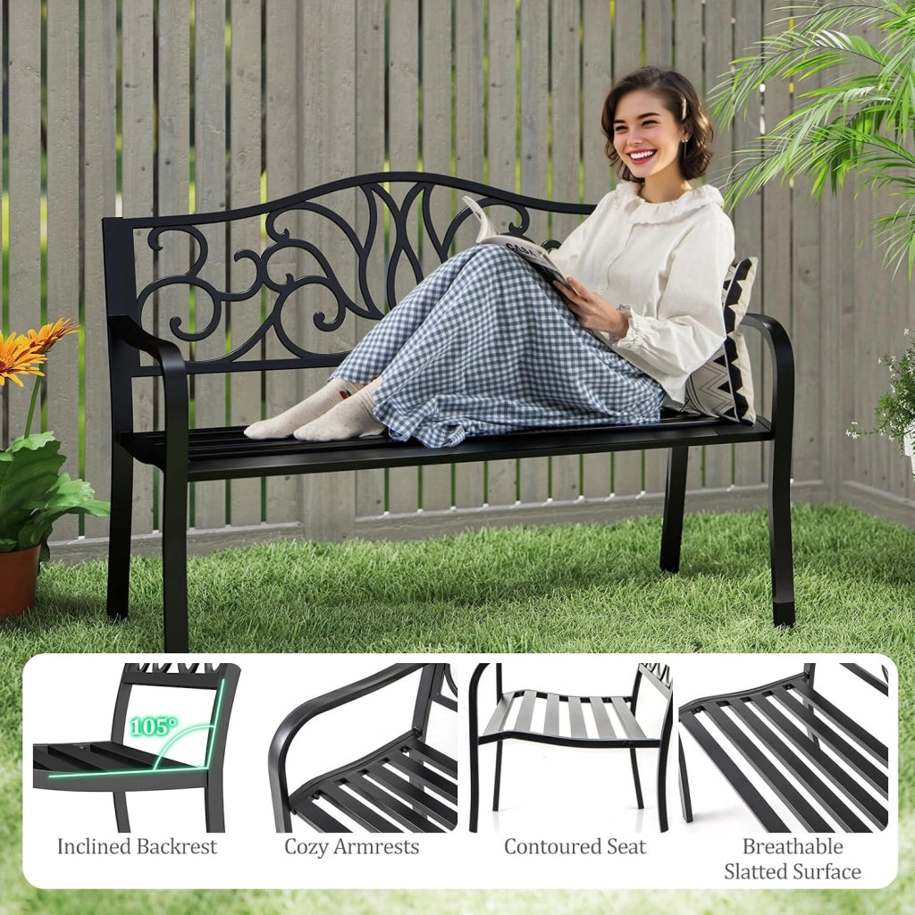 Panchina da Giardino, Panca da Esterno, Panca da Giardino in Metallo, con Schienale Decorato e Braccioli Curvi, per 2-3 Persone, Design a Doghe, per Parco, Cortile, Balcone, Nero