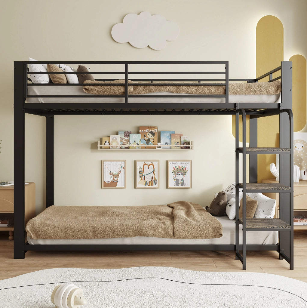 Letto a castello in metallo con scale in MDF 204x115x145 cm nero
