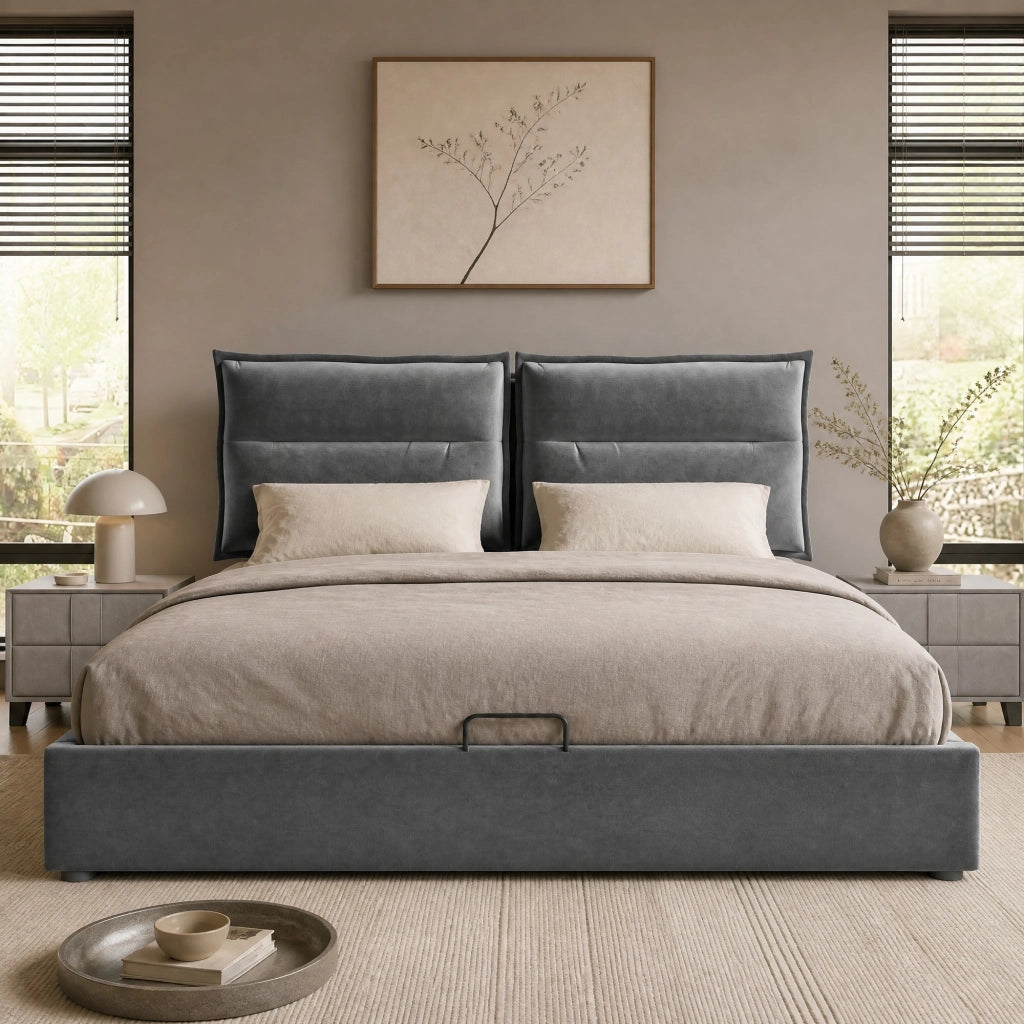 Letto matrimoniale imbottito 140x200 cm con contenitore e testiera regolabile