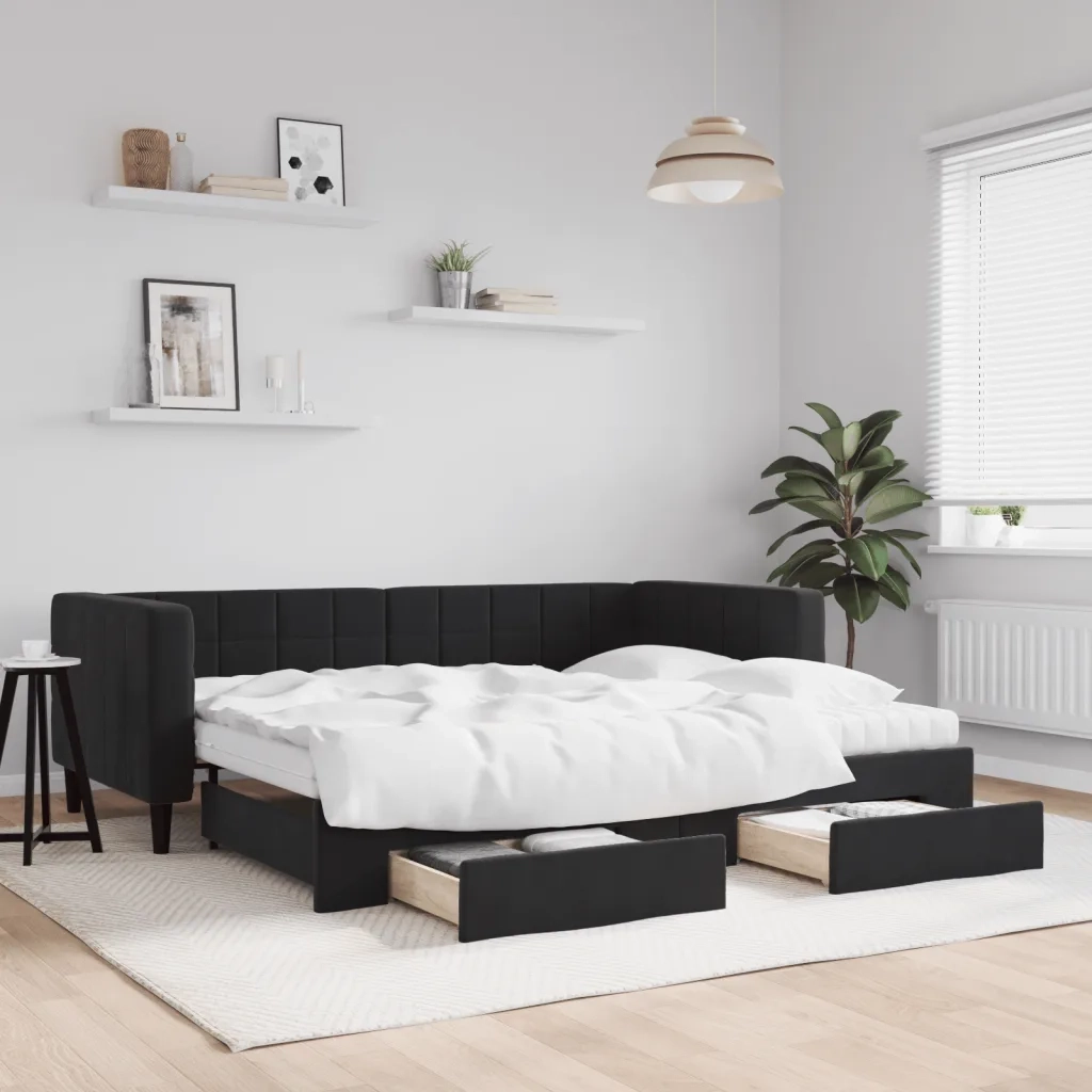Divano Letto Estraibile con Cassetti Nero 90x190 cm in Velluto 3196778