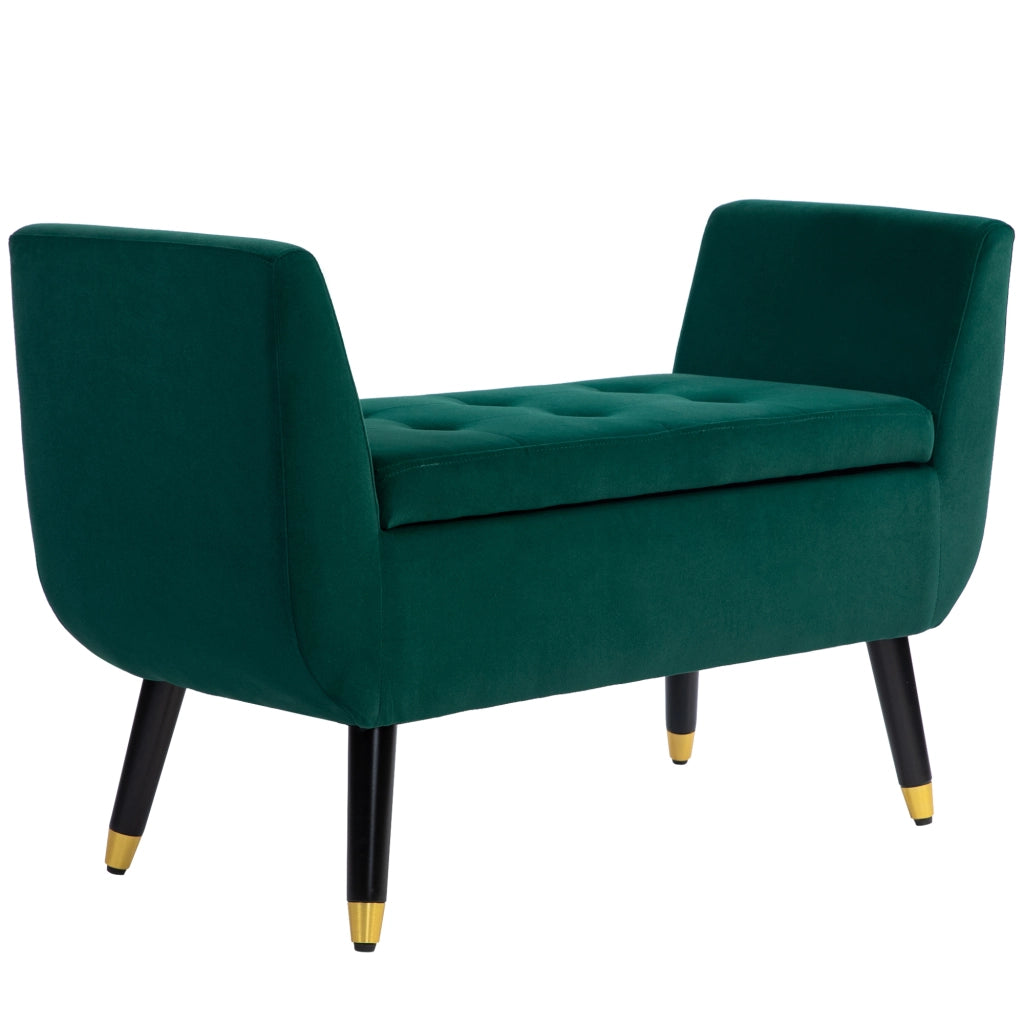 Sitzbank imbottita con vano contenitore, rivestimento effetto velluto, struttura in legno di caucciù, verde, 107 x 42 x 65 cm