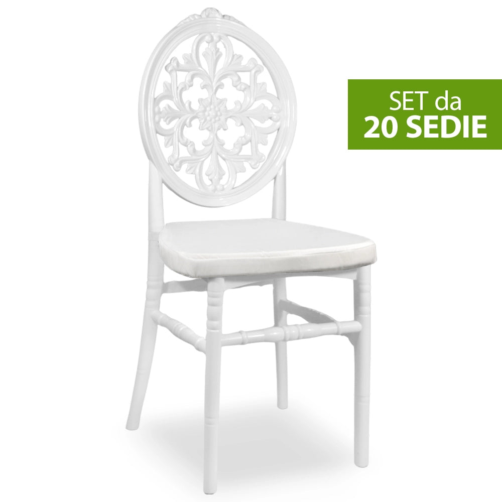 Set da 20 Sedie Venus in Plastica Bianche con cuscino coordinato antiscivolo