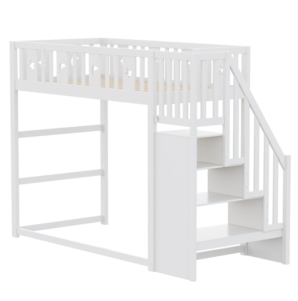 Letto a soppalco per bambini 90x200 cm con scala e ripiani; in legno; bianco