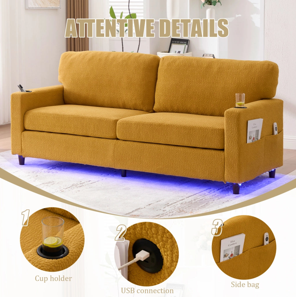 Divano a 2 posti in chenille con USB-C; LED; portabicchieri e tasche laterali; 203 cm; giallo senape