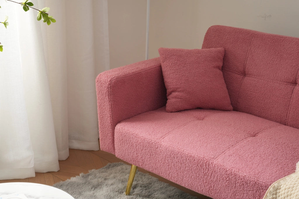 Divano Letto 2 Posti con Schienale Regolabile 105-180°; Tasche Laterali e Cuscini; in Sherpa Rosa