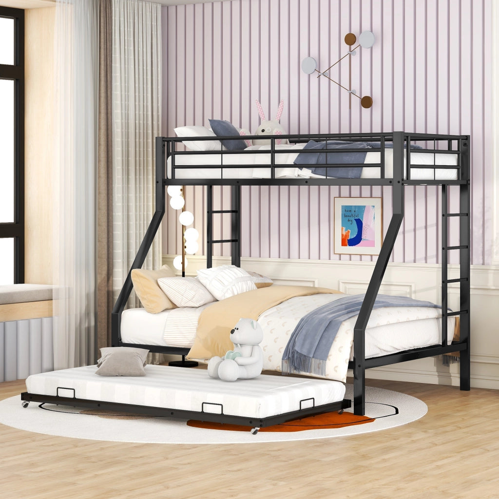 OKWISH Letto a Castello 90×200 cm e 140×200 cm, Letto 3 Posti con Letto Estraibile, 2 Scale e Sponde, senza Materasso, in Metallo, Nero