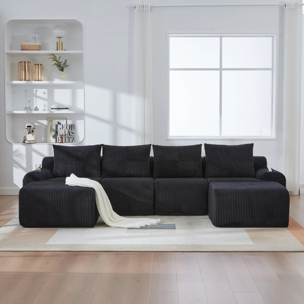 DIVANO Modulare 333x174x80 cm in corduroy nero con portabicchieri e tasca laterale