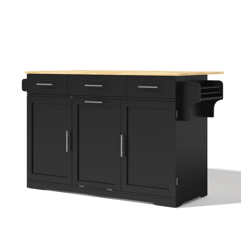 Isola da cucina mobile 136 x 75 x 92 cm in MDF nero e naturale; con prese integrate e 3 cassetti