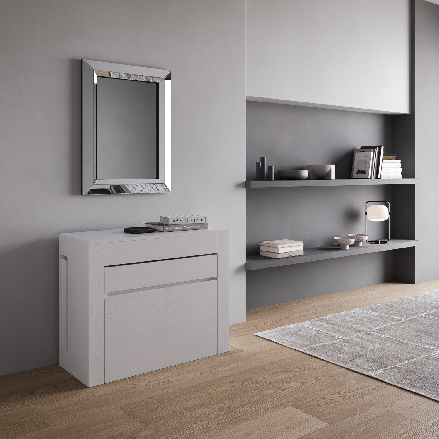 Consolle allungabile 90x42/302 cm Evolis Bianco Frassino con panca inferiore e superiore