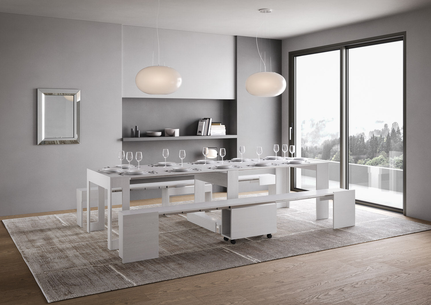 Consolle allungabile 90x42/302 cm Evolis Bianco Frassino con panca inferiore e superiore