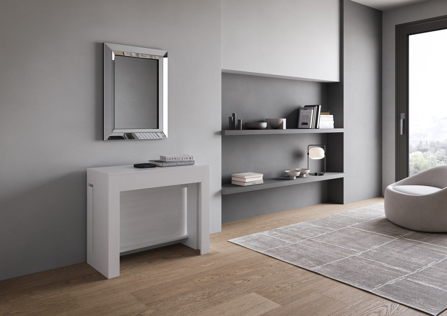 Consolle allungabile 90x42/302 cm Evolis Bianco Frassino con panca inferiore e superiore