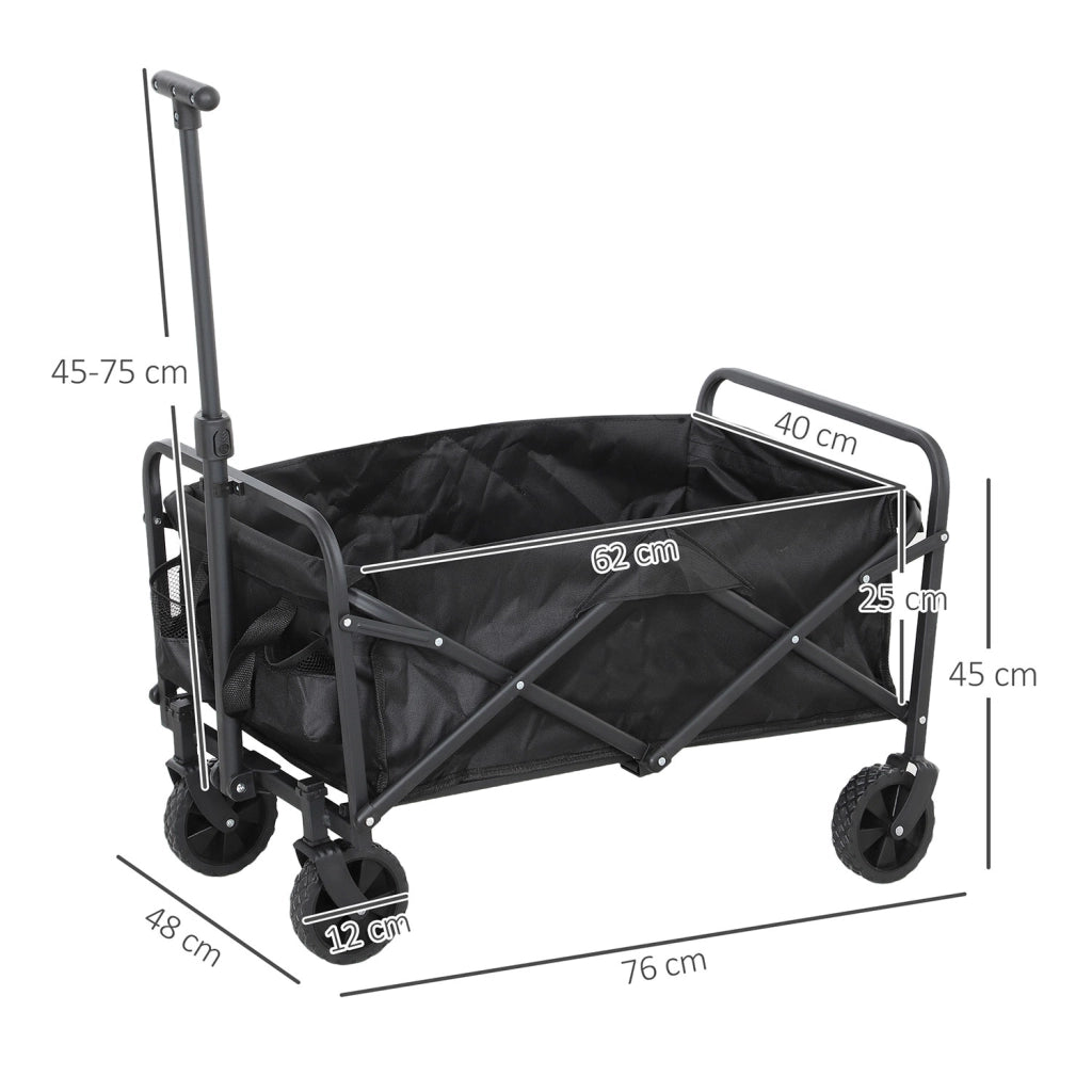 Carrello da Giardino 62L Pieghevole con Maniglia Regolabile, in Metallo e Tessuto Oxford, 76x48x86 cm, Nero