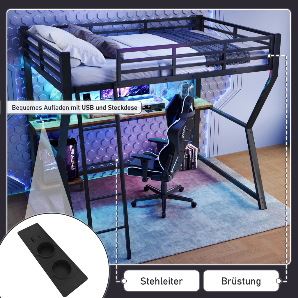 Letto a castello nero in metallo con funzione led e scrivania 90x200 cm