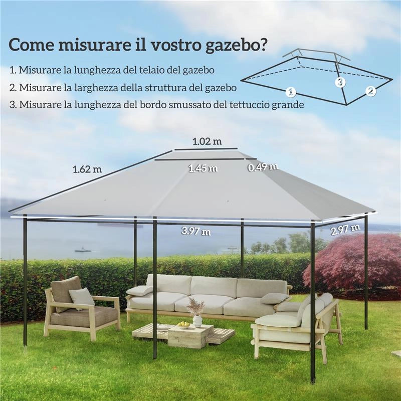TETTO DI RICAMBIO 4X3 M PER GAZEBO ANTI UV IN POLIESTERE CON PRESA D'ARIA, GRIGIO CHIARO