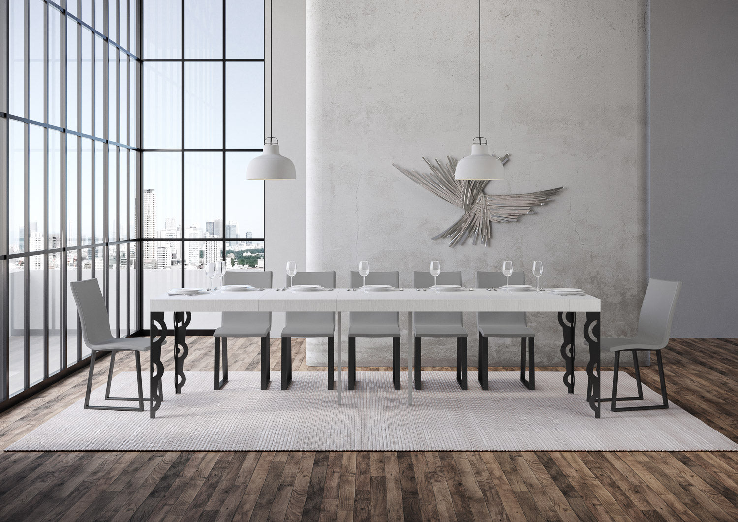 Consolle allungabile 90x40/300 cm Karayan Premium Bianco Frassino telaio Antracite