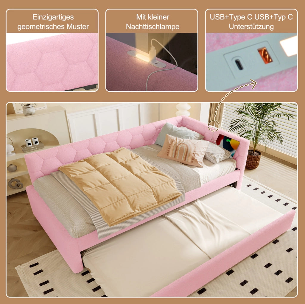 Letto singolo 90x200 cm con letto estraibile, USB e luce rosa