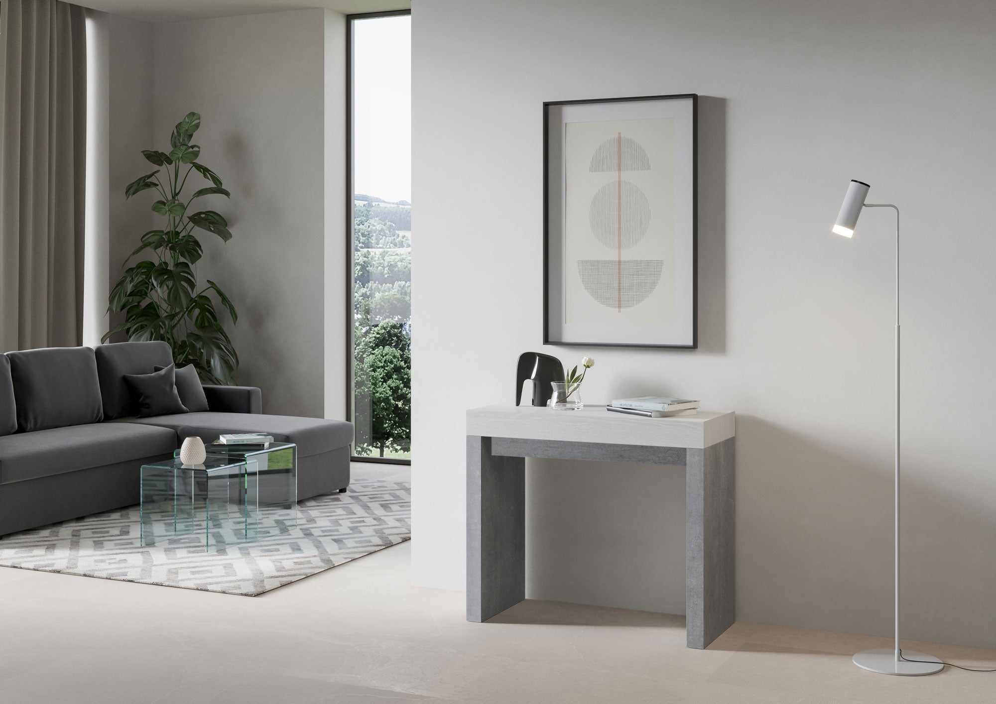 Consolle allungabile 90x40/196 cm Roxel Mix Small piano Bianco Frassino - struttura Cemento