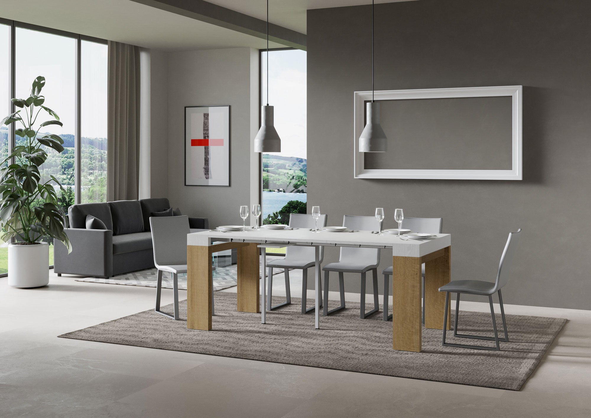 Consolle allungabile 90x40/300 cm Roxel Mix piano Bianco Frassino - struttura Quercia Natura