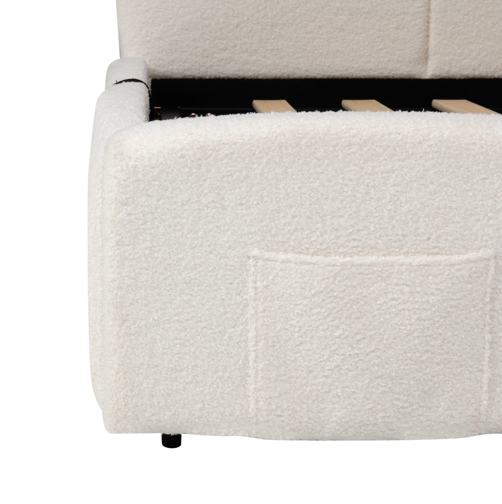Divano letto con contenitore idraulico; USB-A/USB-C; Bouclé; Beige; 90x200 cm