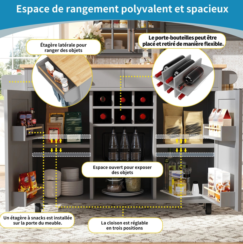 Isola da cucina mobile grigia 102x45x92 cm con portabottiglie