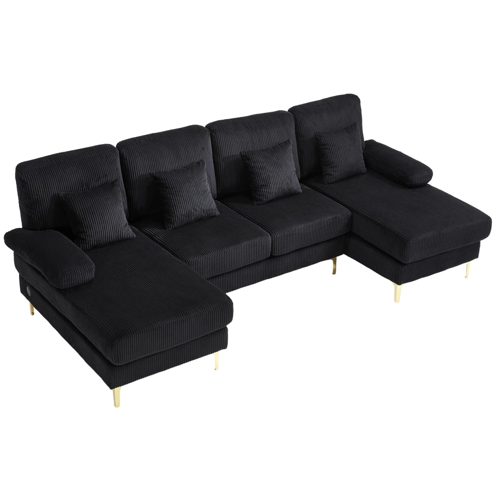 Divano a U 265x135x88 cm con illuminazione LED e porta USB; in velluto nero