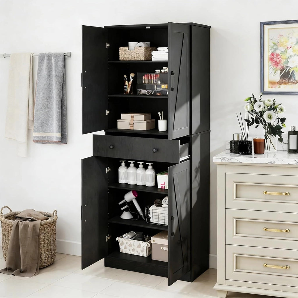 Credenza Alta da Cucina in Legno, 2 Armadi con Ante e 1 Cassetto, Mobile Buffet con 3 Ripiani Regolabili, Mobiletto Multiuso per Soggiorno, Sala da Pranzo, 77x39x183cm(In 2 Pacchi) (Nero)
