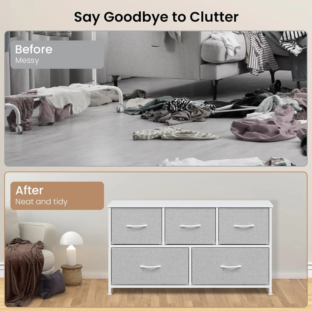 Cassettiera Camera da Letto, Cassettiera con 5 Cassetti a 2 Livelli in Tessuto, Mobile con Cassetti Industriale, Struttura in Metallo e Legno, Grigio Tortora + Bianco Nuvola