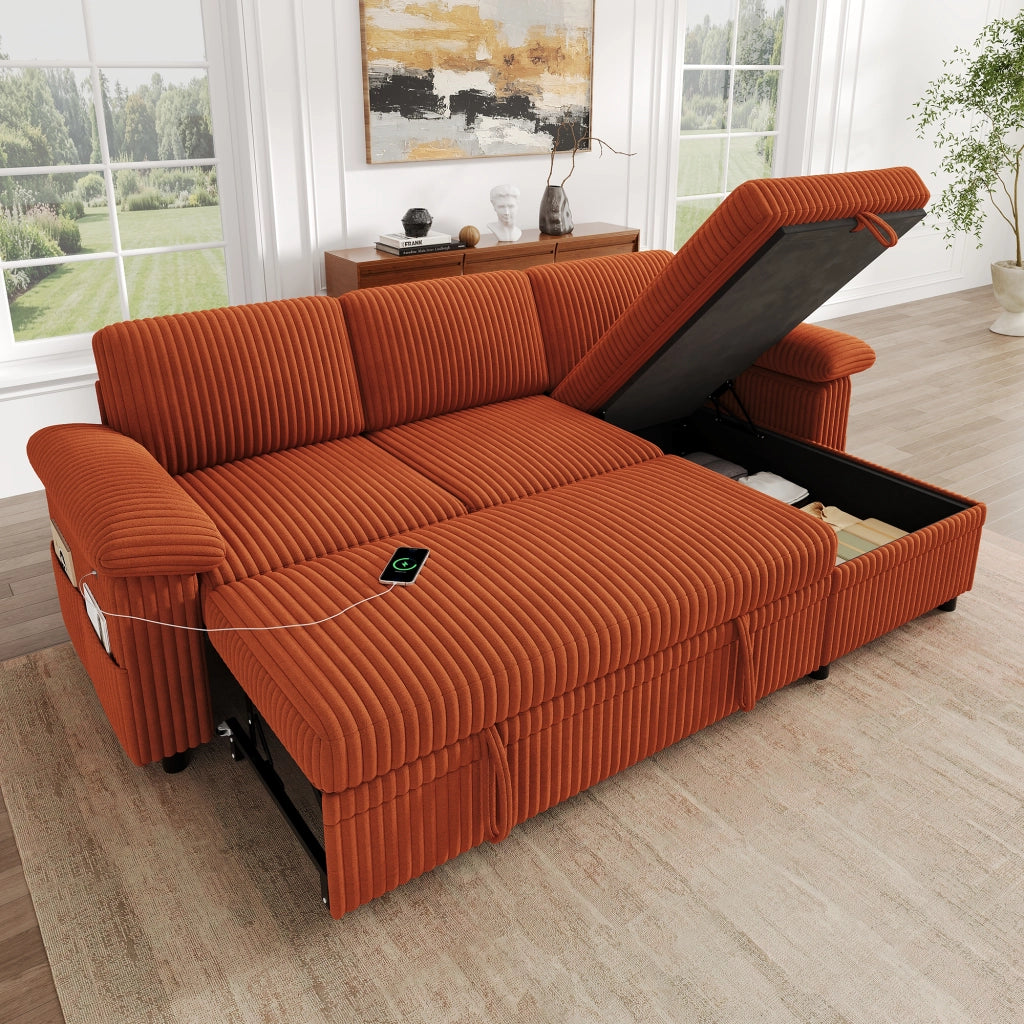 Divano angolare letto con contenitore; schienale regolabile e USB in corduroy arancione