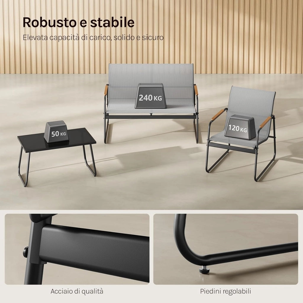 Set di Mobili da Esterno 4 Pezzi, Tavolo, Divano e 2 Sedie, Salotto da Giardino Resistente alle Intemperie, Struttura in Metallo, Tessuto Traspirante, per Balcone, Patio, Terrazza, Grigio