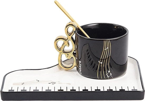 Caffè in ceramica con maniglia per appunti - tazza piano - cappuccino con piatto e cucchiaio - regali per musicisti - tazza per appassionati di musica - Pasqua - San Valentino - compleanno (nero)
